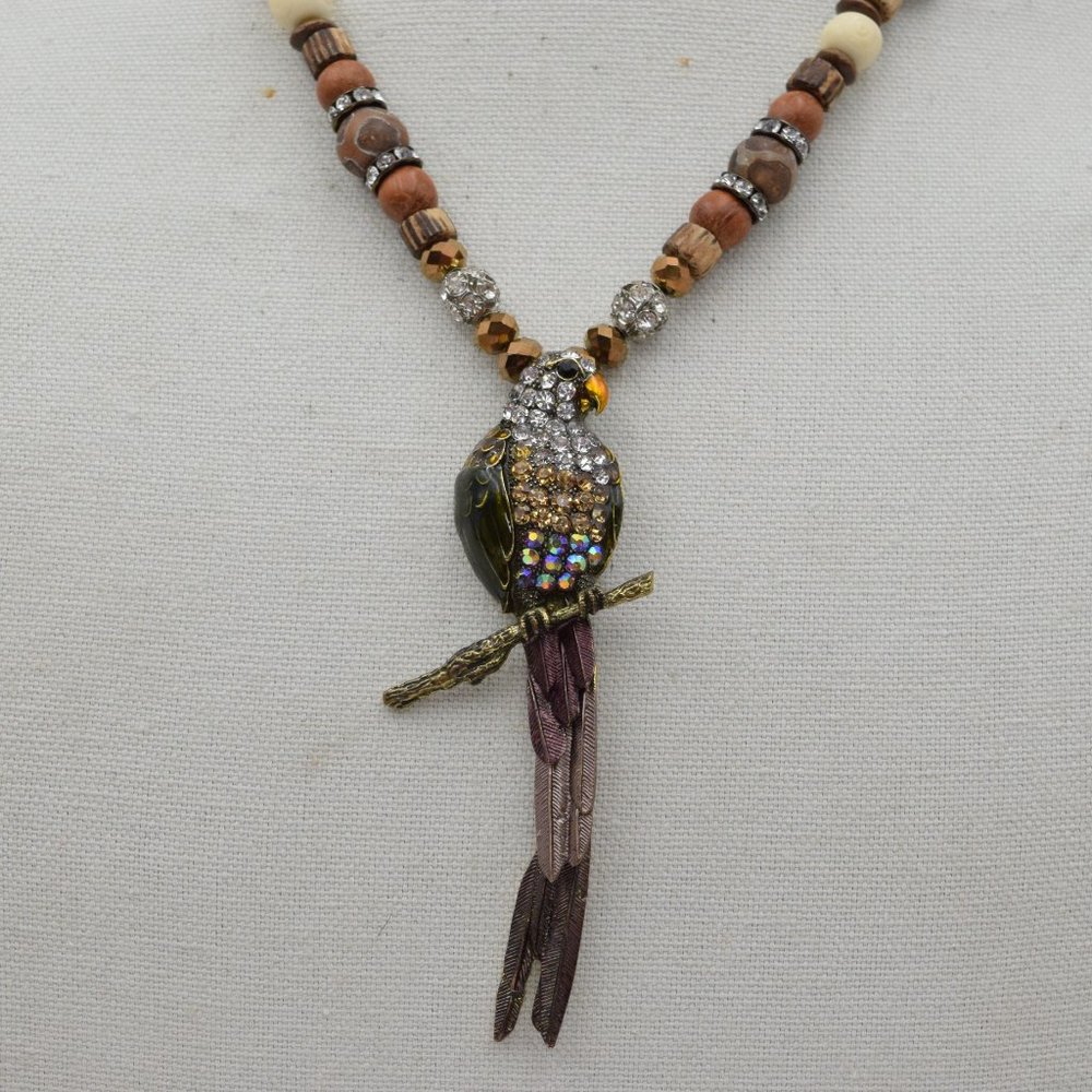 Vintage Figural Eagle Pendant with Rhinestones and Natural Beads